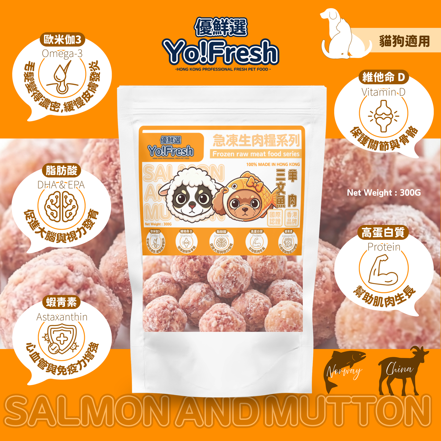 優鮮選 - 急凍生肉糧(三文魚配羊肉口味)(300g)(急凍-18°C) #寵物食品